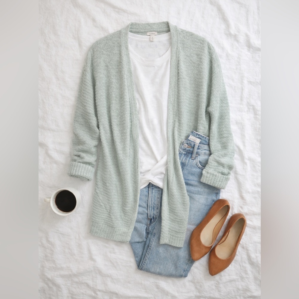 L.L. Bean Light Sage Open-Front Knit Cardigan